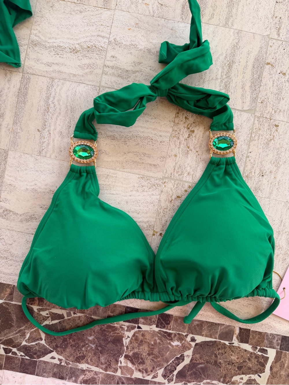 Emerald Halter Bikini Top with Gem Embellishments - Women Swim